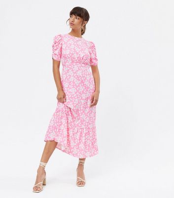 Pink Floral Tie Back Ruched Midi Dress ...
